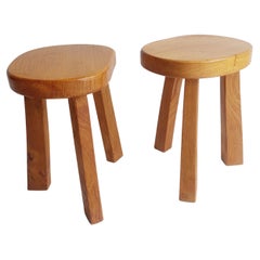 Midcentury Elm 2 Milking Stools Side Tables Charlotte Perriand Style, 70s