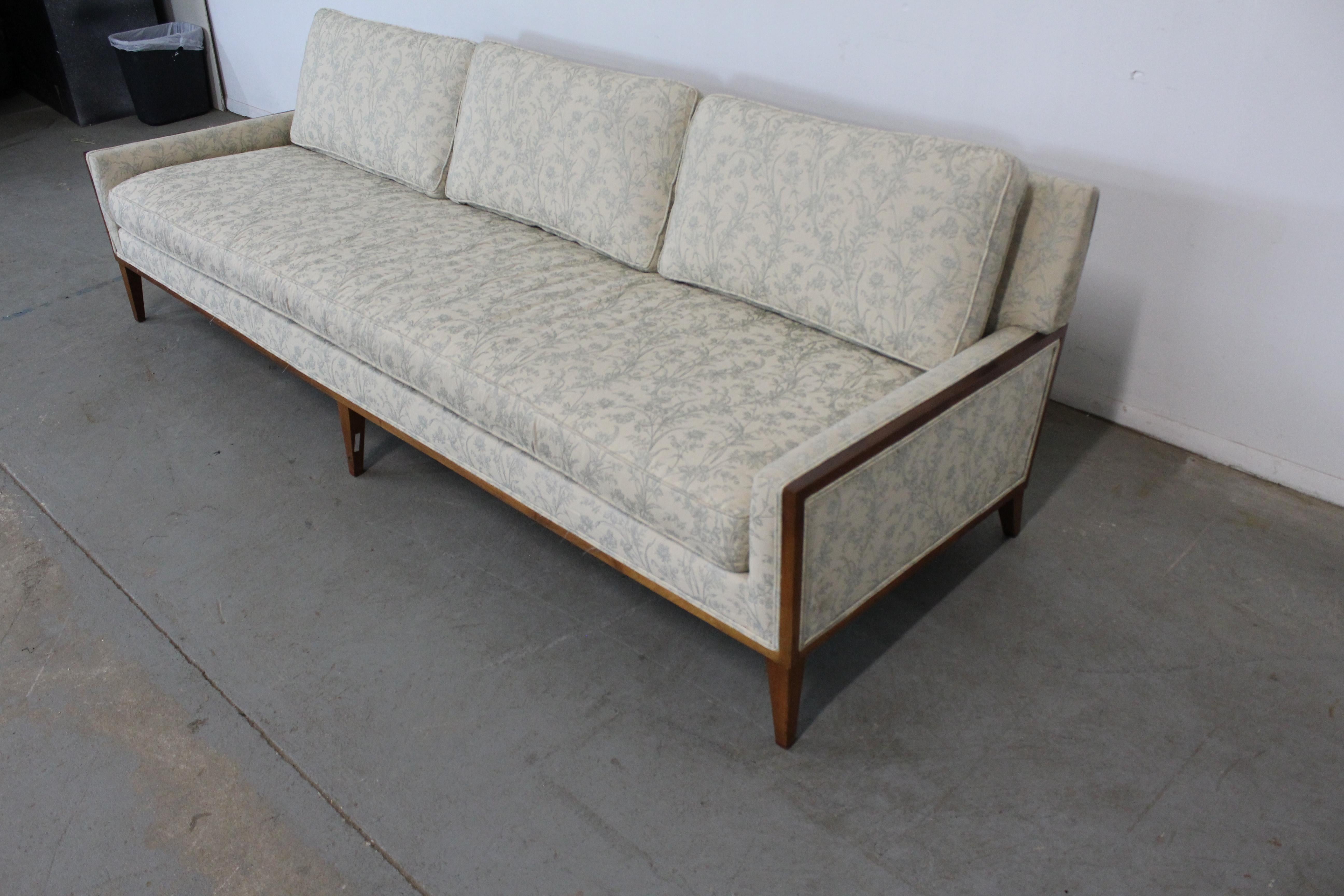 American Mid-Century Elongated Low Profile Walnut Trimmed Sofa on Tapered legs