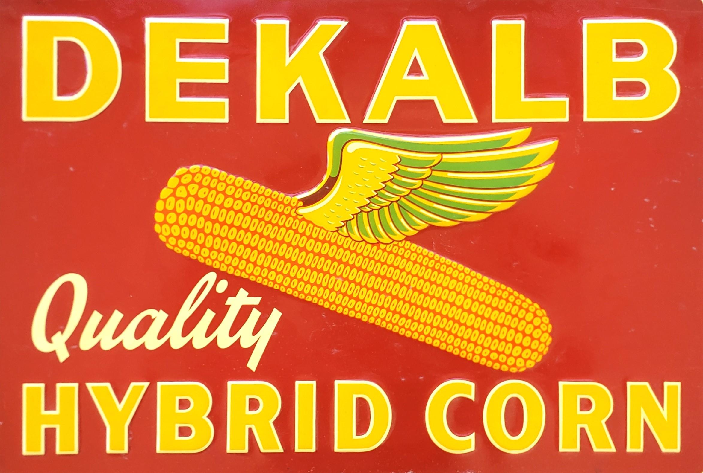 Canadian Mid-Century Embossed Dekalb Hybrid Corn Advertising Farm or Mercantile Sign For Sale