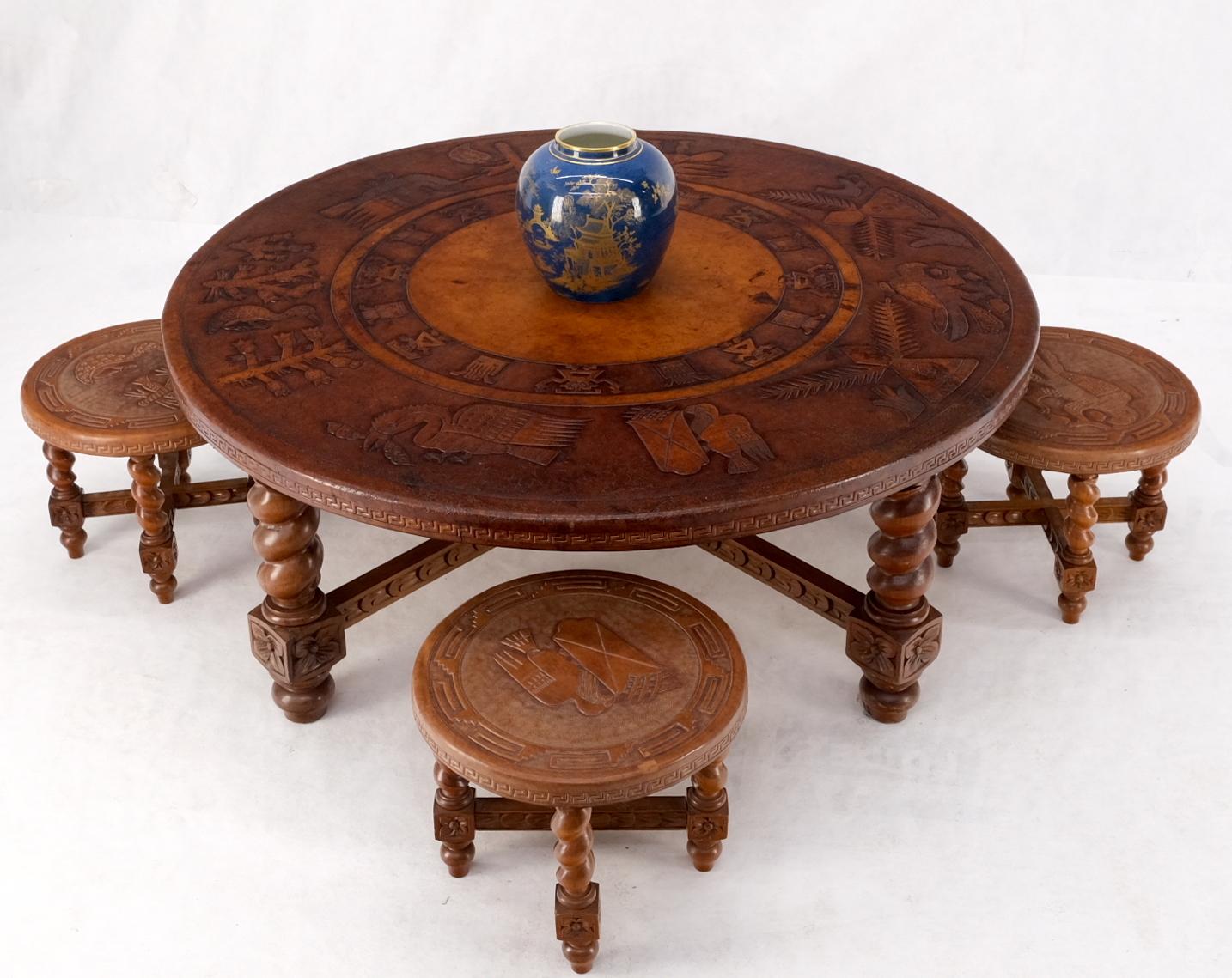 Mid century Embossed Leather South American coffee table 4 nesting stools chairs.
A rare and exceptional quality thick nearly 3/8