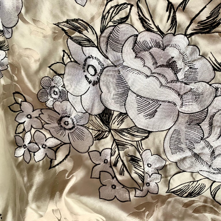 Modern Vintage Embroidered Silk Charmeuse Fabric, White Floral Champagne Taupe, Rare  For Sale