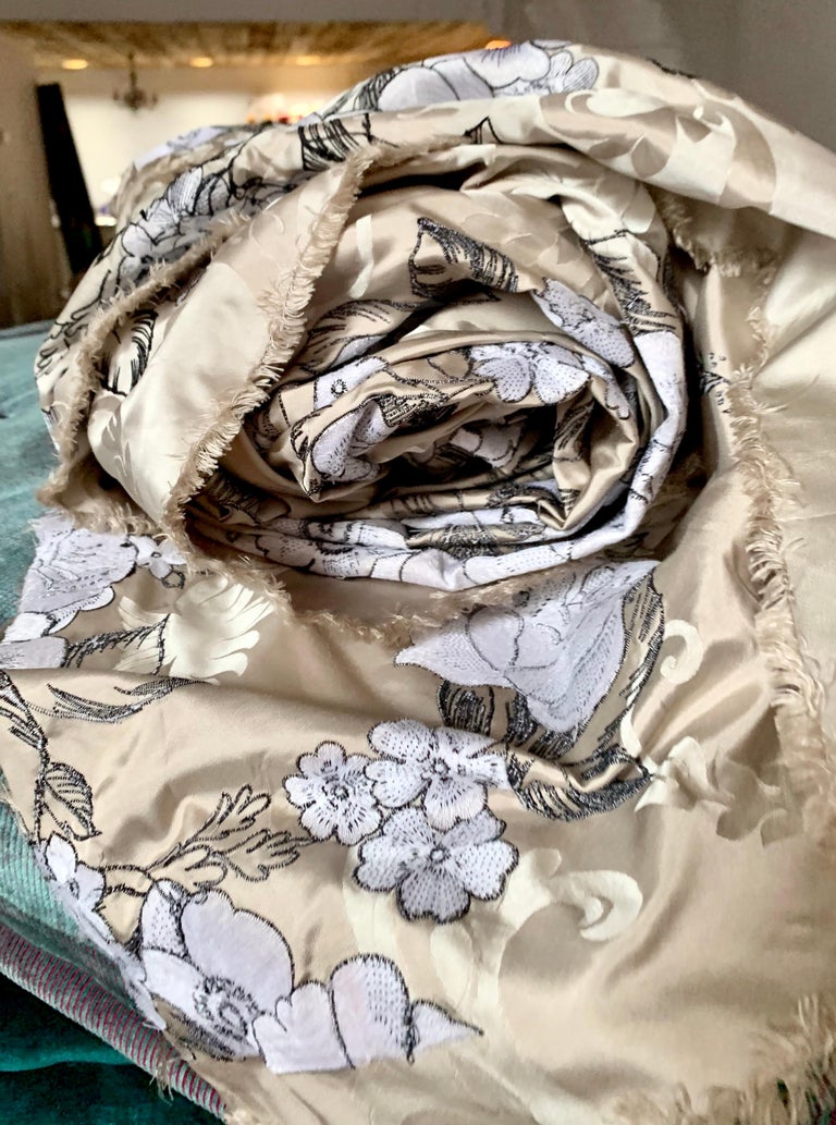 French Vintage Embroidered Silk Charmeuse Fabric, White Floral Champagne Taupe, Rare  For Sale