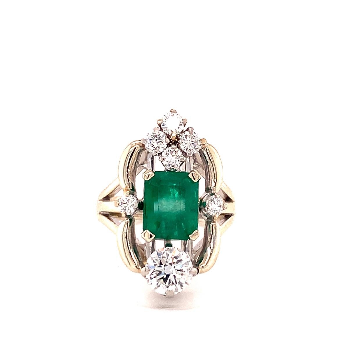 Midcentury Emerald and Diamond 14k White Gold Ring, circa 1950s In Good Condition For Sale In Beverly Hills, CA