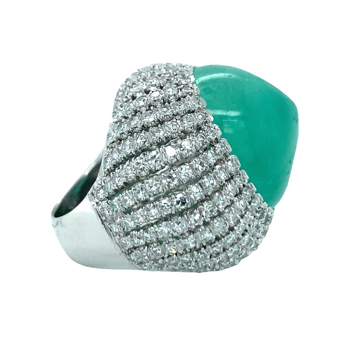 Cabochon Mid-Century Emerald and Diamond 14K White Gold Ring For Sale