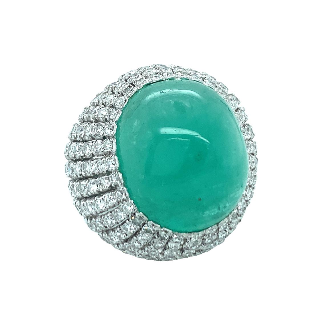 Women's Mid-Century Emerald and Diamond 14K White Gold Ring For Sale