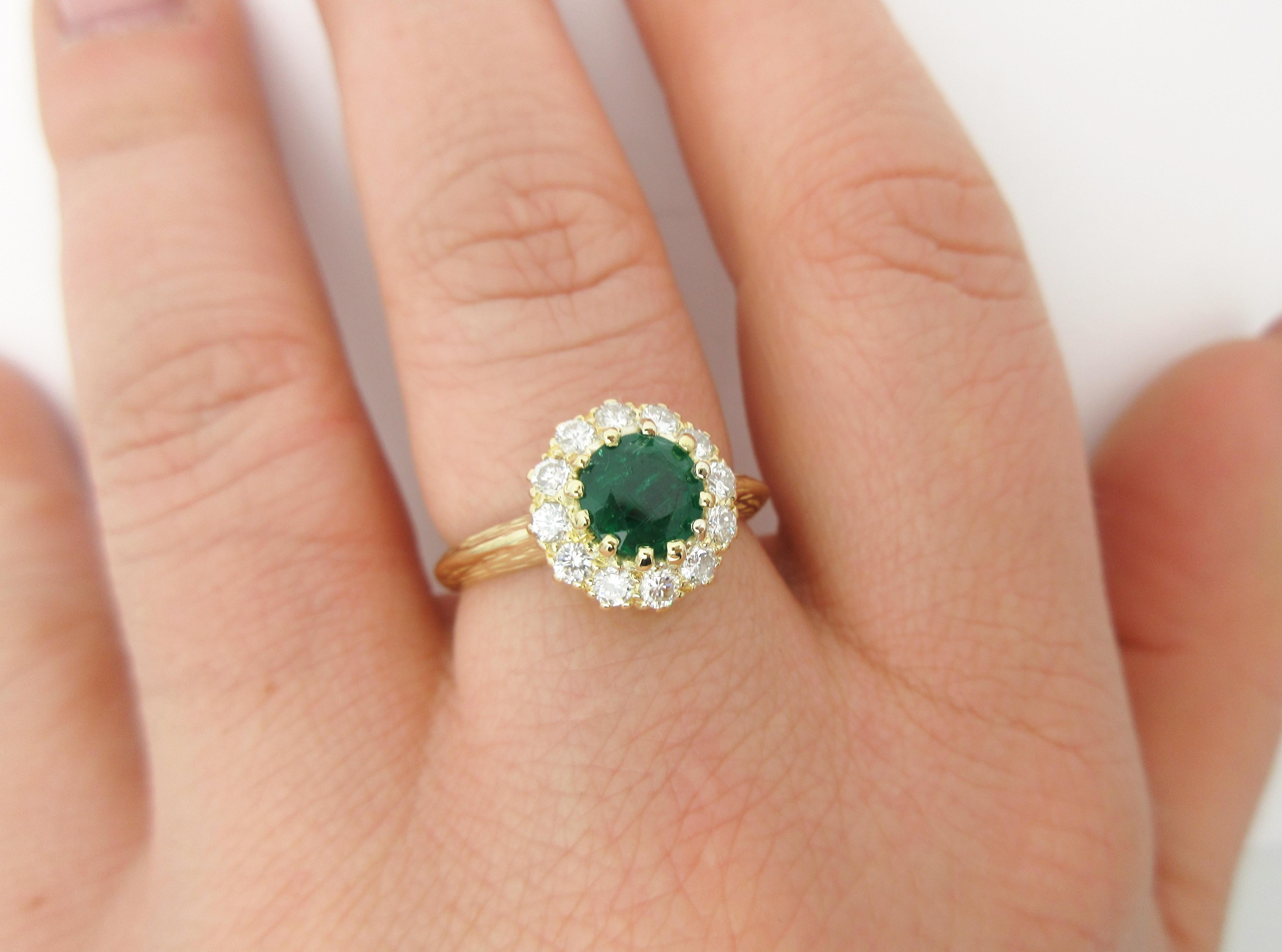 Midcentury Emerald and Diamond Cluster Ring 18 Karat Yellow Gold 1
