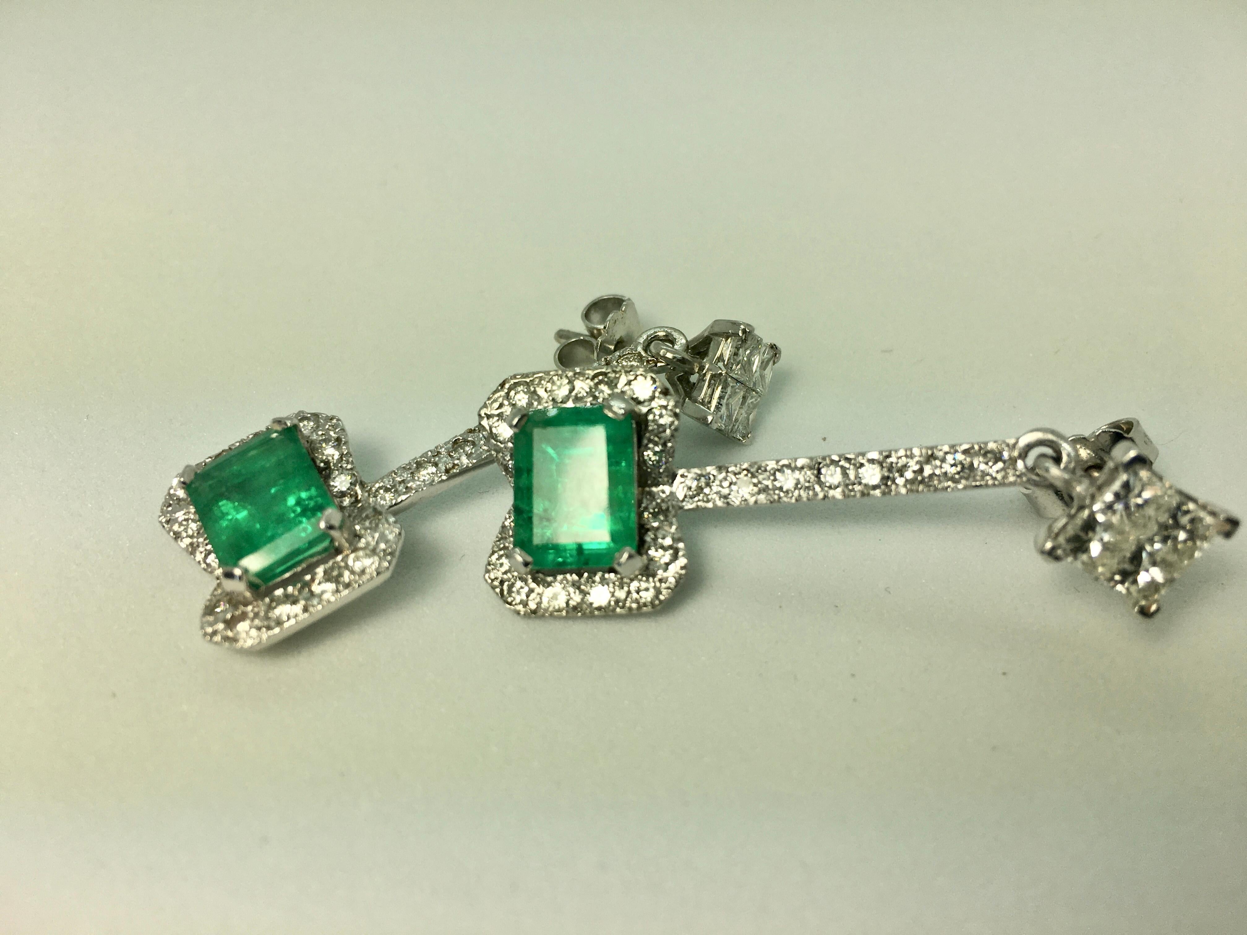 10.76 Carats Midcentury Style Emerald and Diamond Drop Earrings 18 Karat For Sale 6