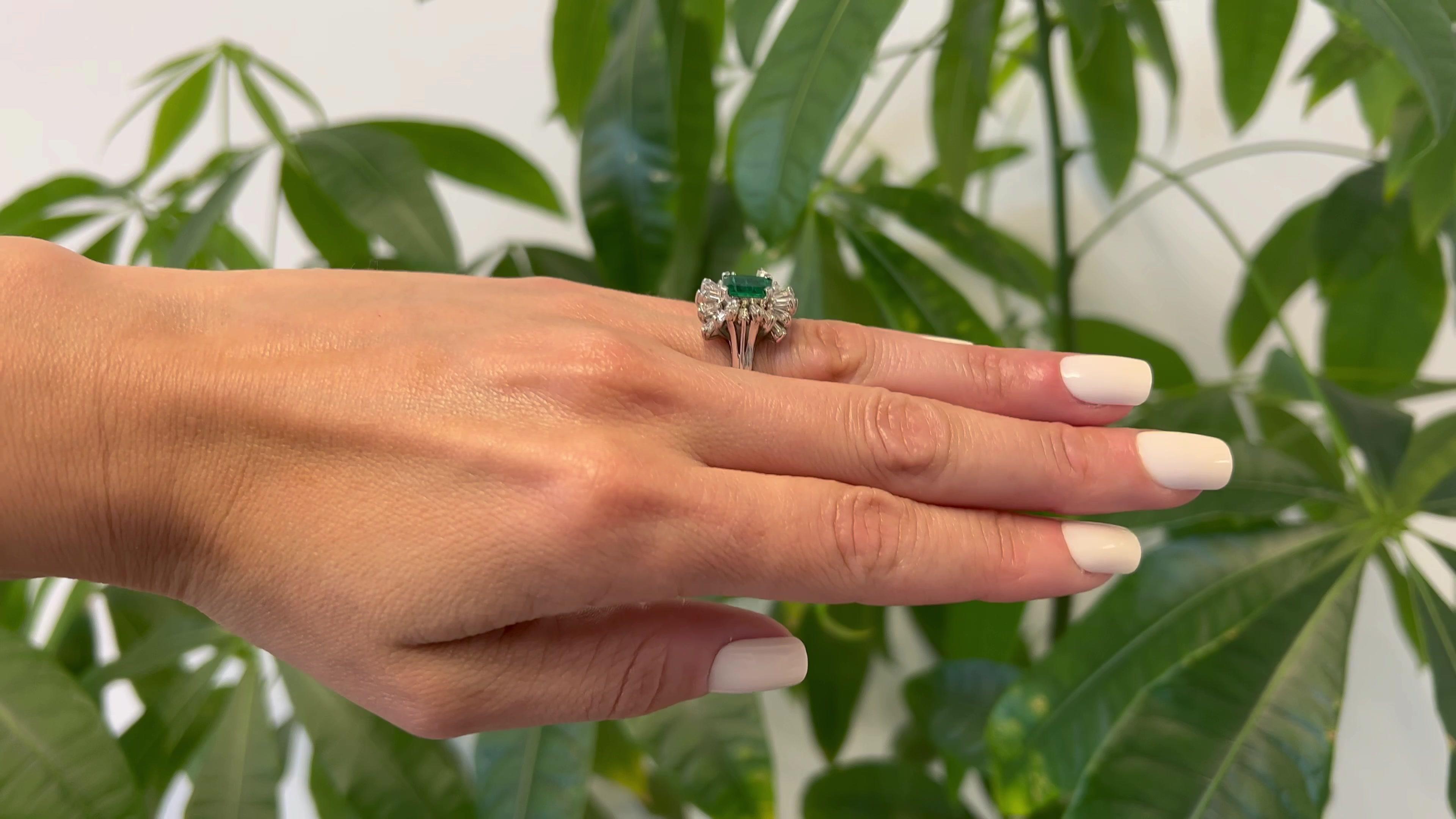 Emerald Cut Mid Century Emerald and Diamond Platinum Ballerina Ring