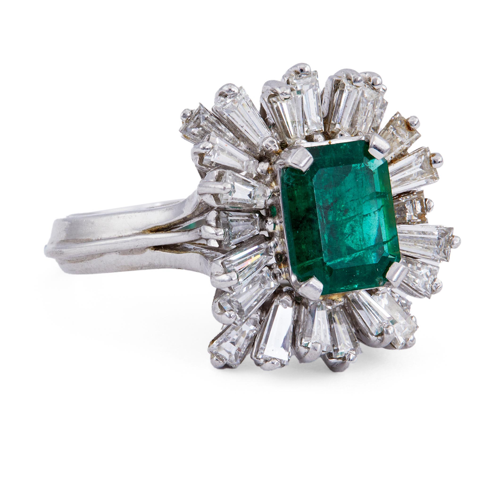 Mid Century Emerald and Diamond Platinum Ballerina Ring In Good Condition In Beverly Hills, CA
