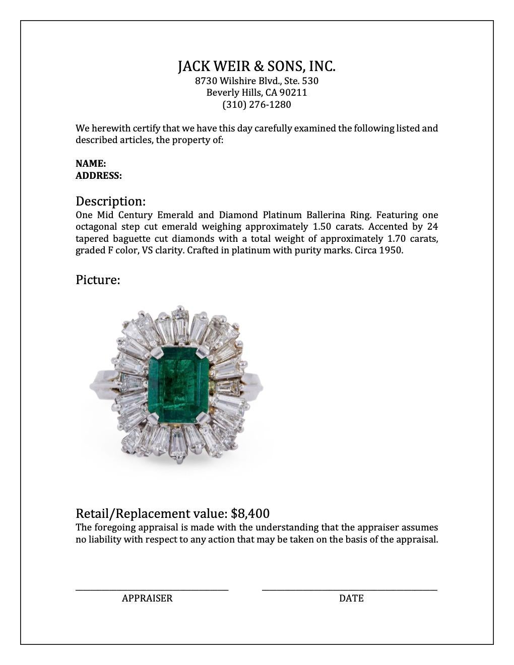 Women's or Men's Mid Century Emerald and Diamond Platinum Ballerina Ring