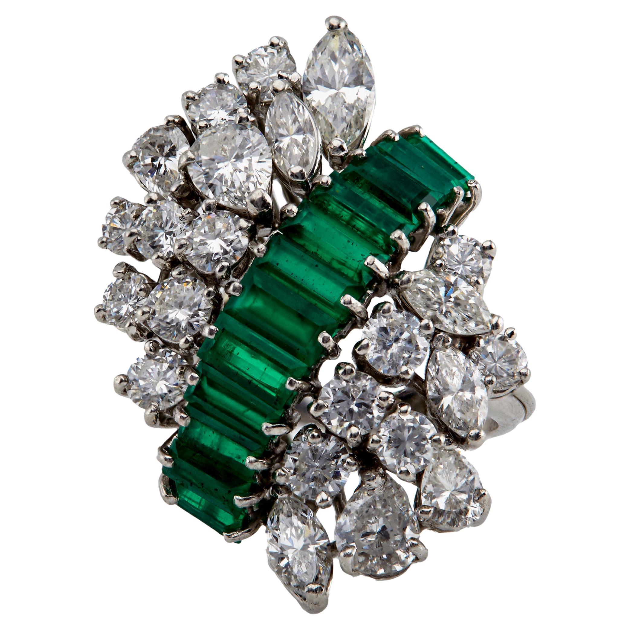 Mid Century Emerald and Diamond Platinum Cocktail Ring