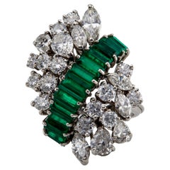 Mid Century Emerald and Diamond Platinum Cocktail Ring