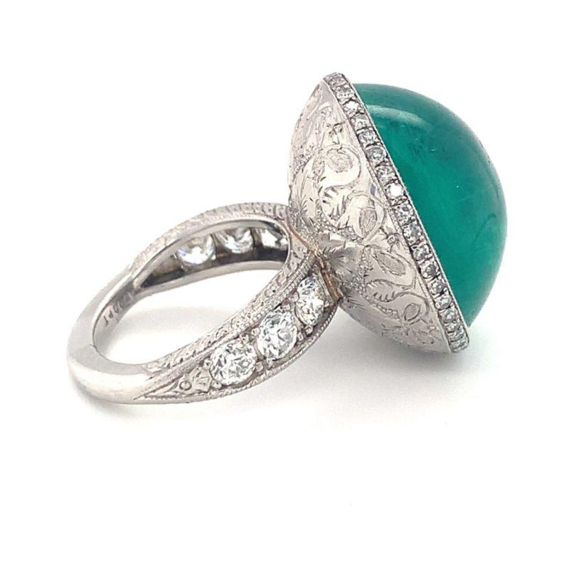 Cabochon Mid-Century Emerald and Diamond Platinum Ring, circa 1950s For Sale