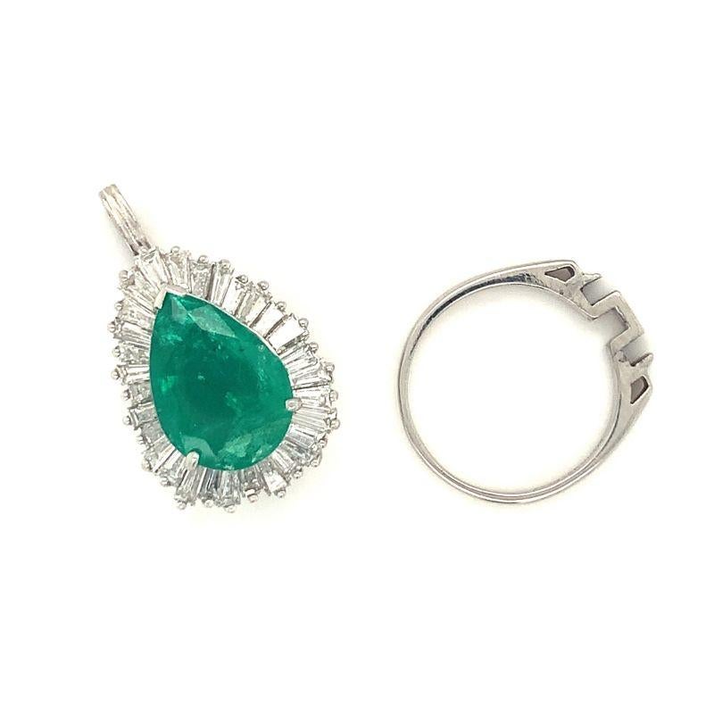 One emerald and diamond platinum ring featuring one pear shaped emerald totaling 5.25 ct. Surrounded by 30 tapered baguette diamonds totaling 3 ct. The ring is easily convertible in to a pendant for ease of wear. Two creative ways to wear this