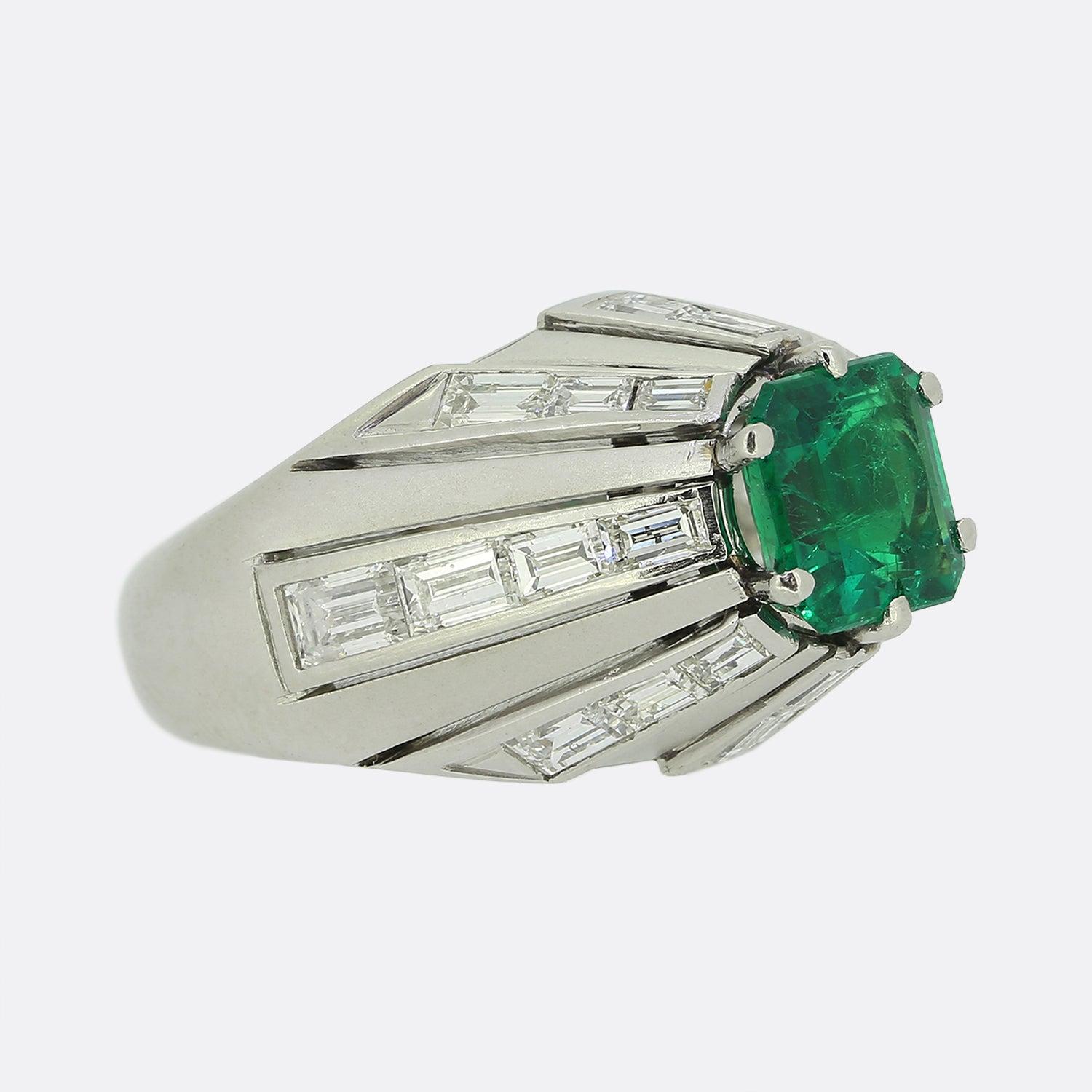 Art Deco Mid-Century Emerald and Diamond Ring For Sale