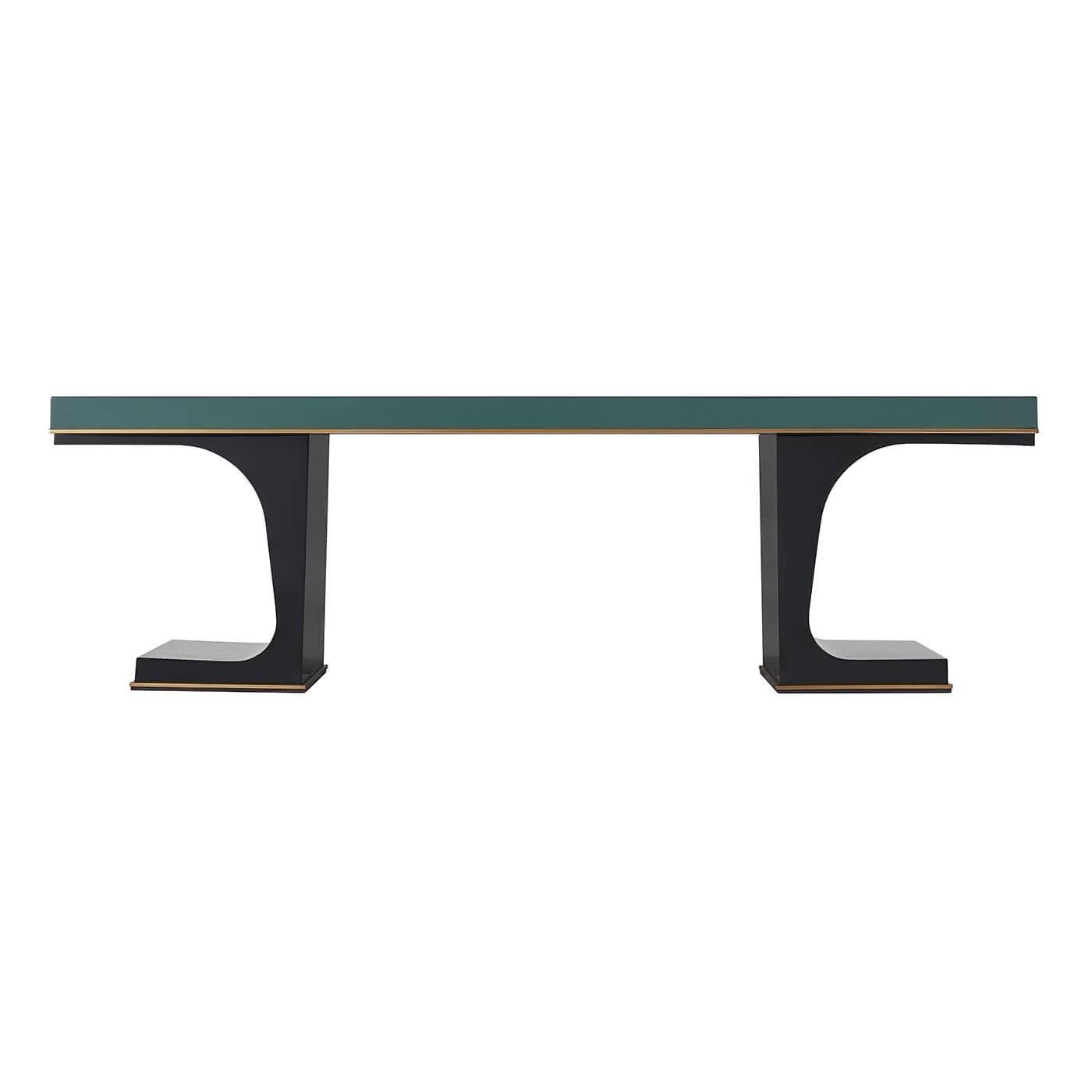 Midcentury style emerald lacquered cocktail table with gilt details, a high gloss black lacquered I-beam support base also with gilt molded details.

Dimensions: 60
