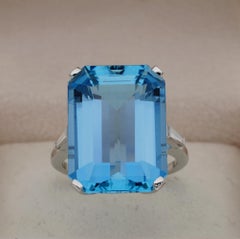 Midcentury Emerald Cut 21.30 Carat Natural Aquamarine Diamond Ring