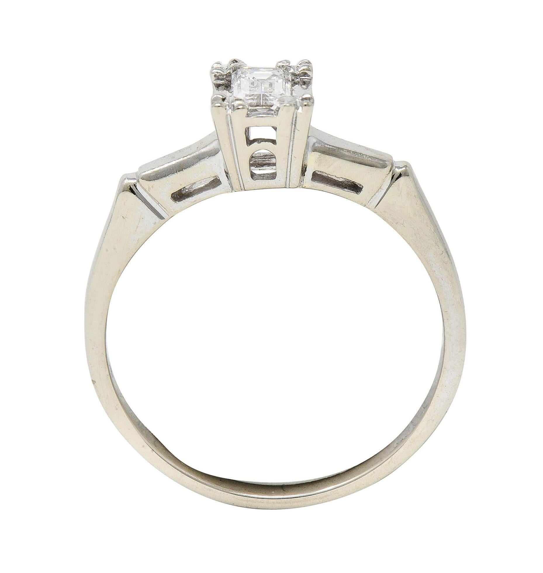 Mid-Century Emerald Cut Diamond Platinum 14K White Gold Vintage Engagement Ring For Sale 6