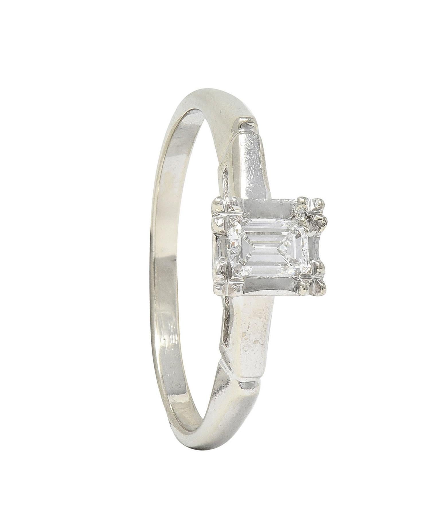 Mid-Century Emerald Cut Diamond Platinum 14K White Gold Vintage Engagement Ring For Sale 7