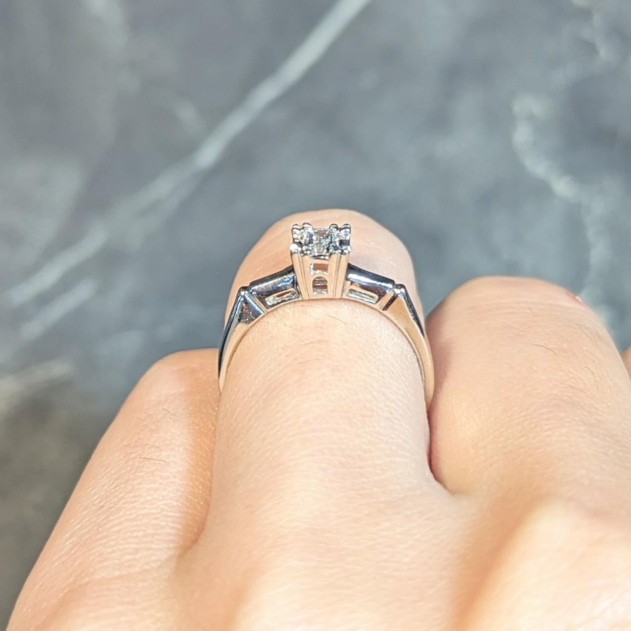Mid-Century Emerald Cut Diamond Platinum 14K White Gold Vintage Engagement Ring For Sale 9