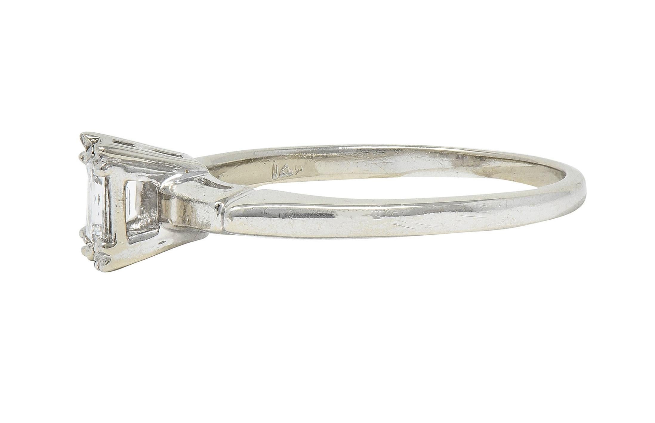 Mid-Century Emerald Cut Diamond Platinum 14K White Gold Vintage Engagement Ring For Sale 1