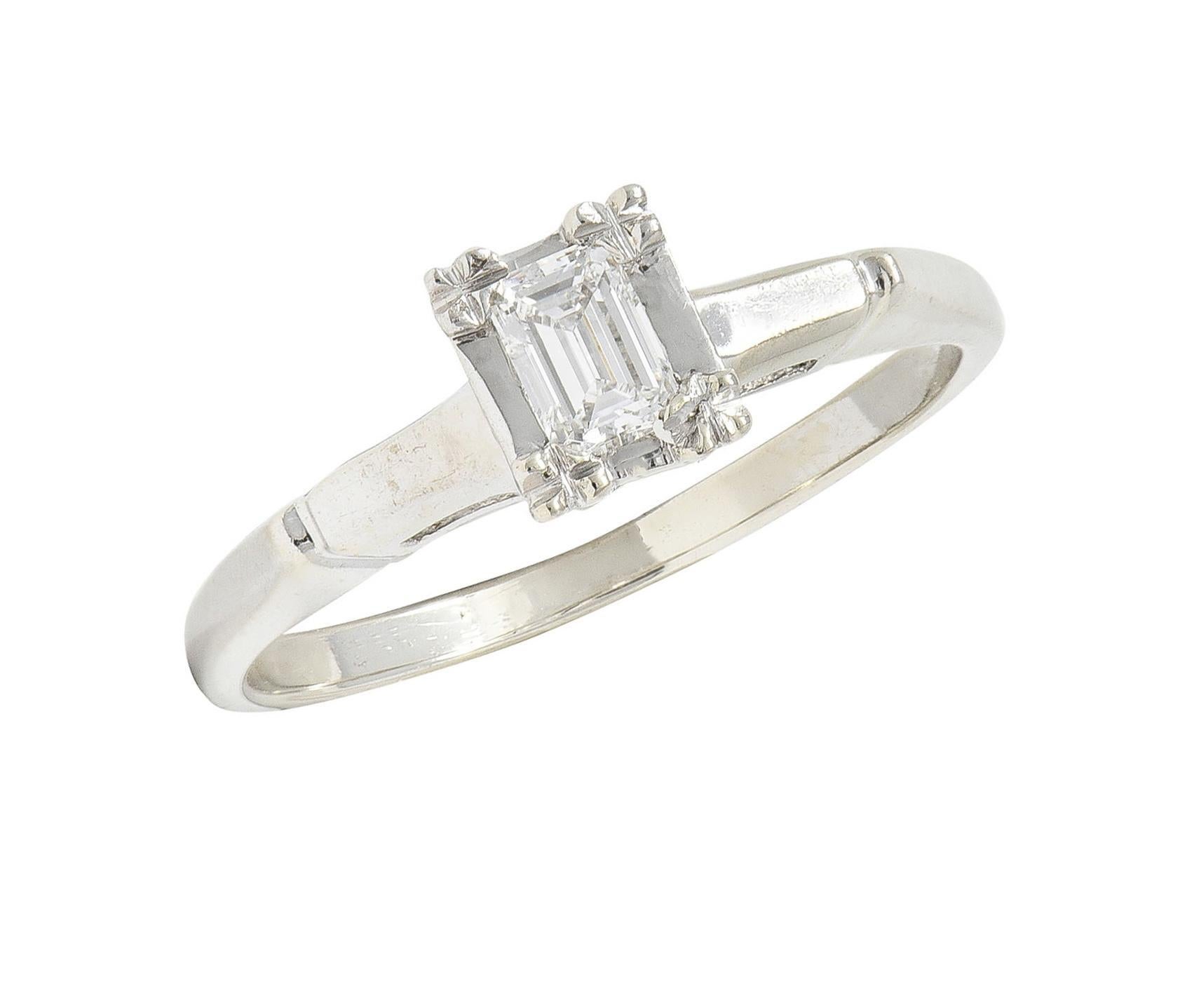 Mid-Century Emerald Cut Diamond Platinum 14K White Gold Vintage Engagement Ring For Sale 4