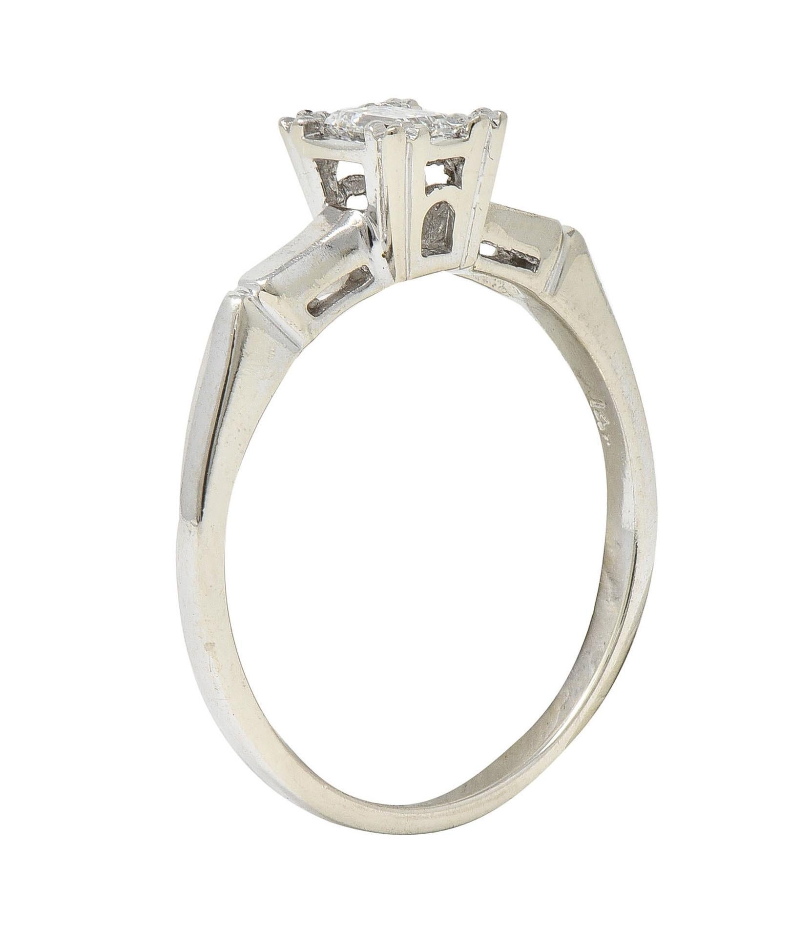 Mid-Century Emerald Cut Diamond Platinum 14K White Gold Vintage Engagement Ring For Sale 5