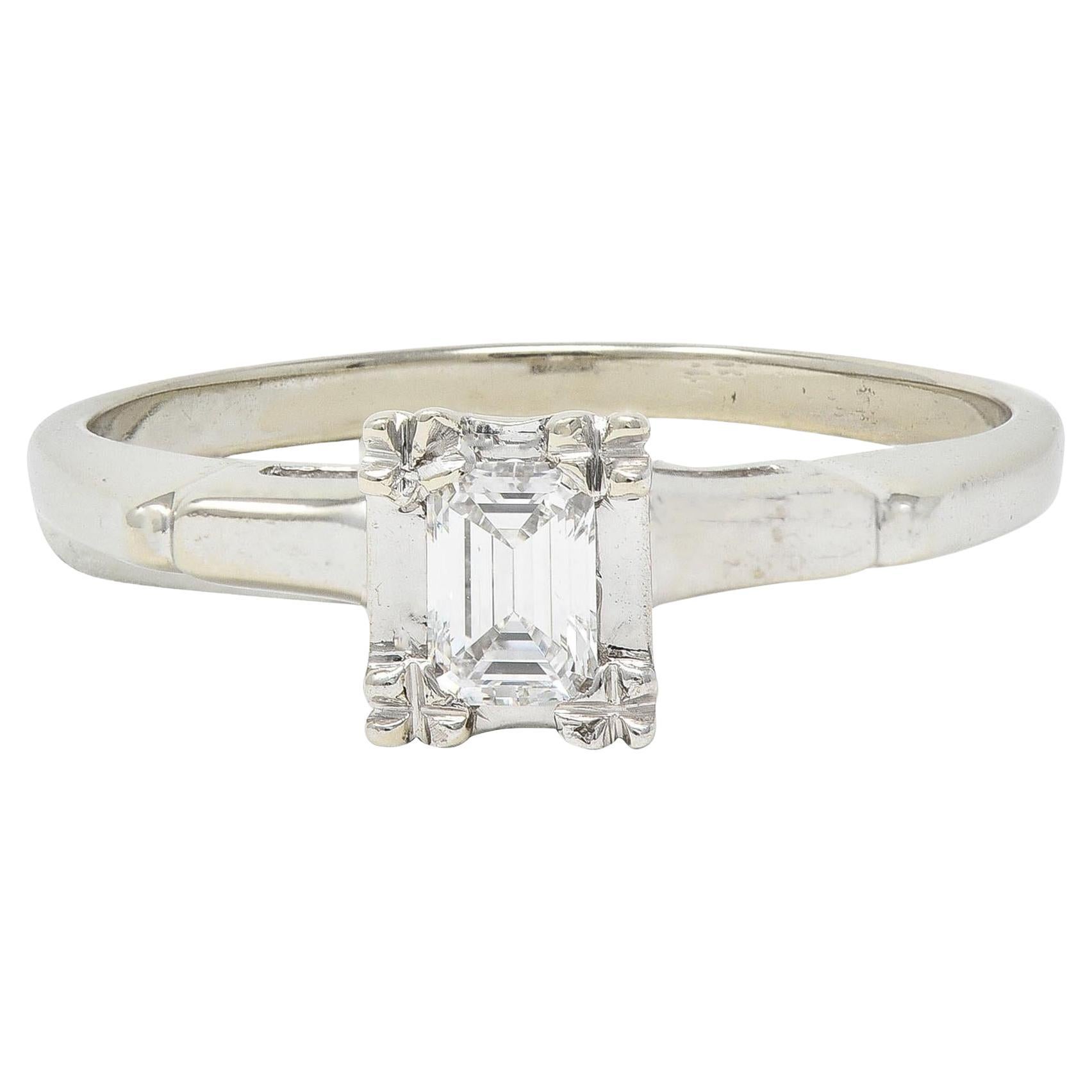 Mid-Century Emerald Cut Diamond Platinum 14K White Gold Vintage Engagement Ring For Sale