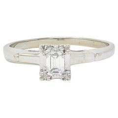 Mid-Century Emerald Cut Diamond Platinum 14K White Gold Retro Engagement Ring