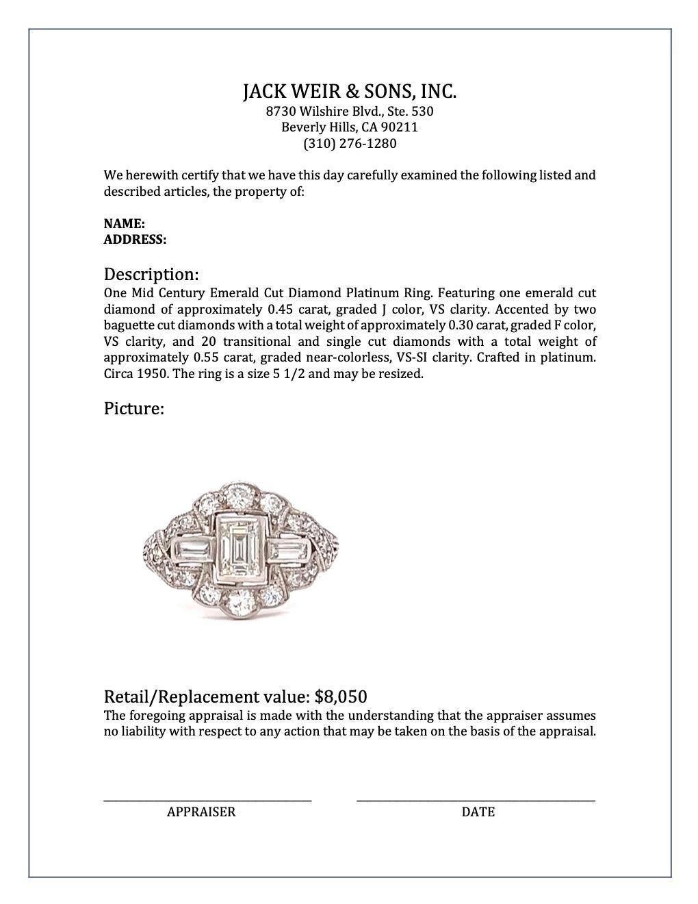 Mid-Century 0.45 Carat Emerald Cut Diamond Platinum Ring 4