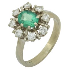 Mid Century emerald diamond 14k white gold ring