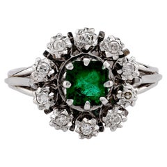 Mid Century Emerald Diamond 18K White Gold Cluster Ring