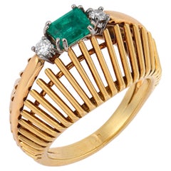 Mid Century 18k Yellow Gold Emerald Diamond Ring, Circa 1950, Women's