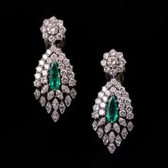 Mid-Century Emerald Diamond Chandelier Cocktail Earrings Platinum Portugal 1960s
