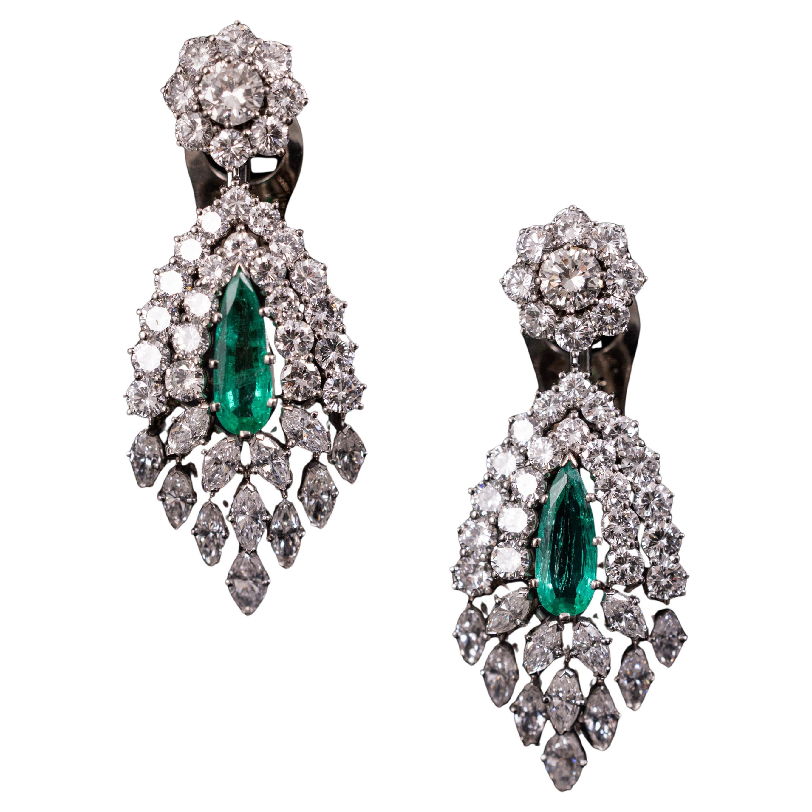 Mid-Century Emerald Diamond Chandelier Cocktail Earrings Platinum Portugal 1960s