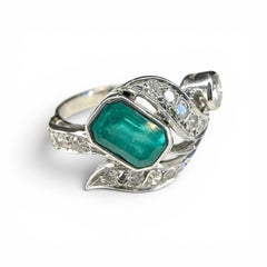Mid Century Emerald Diamond Cocktail Ring in 14K White Gold