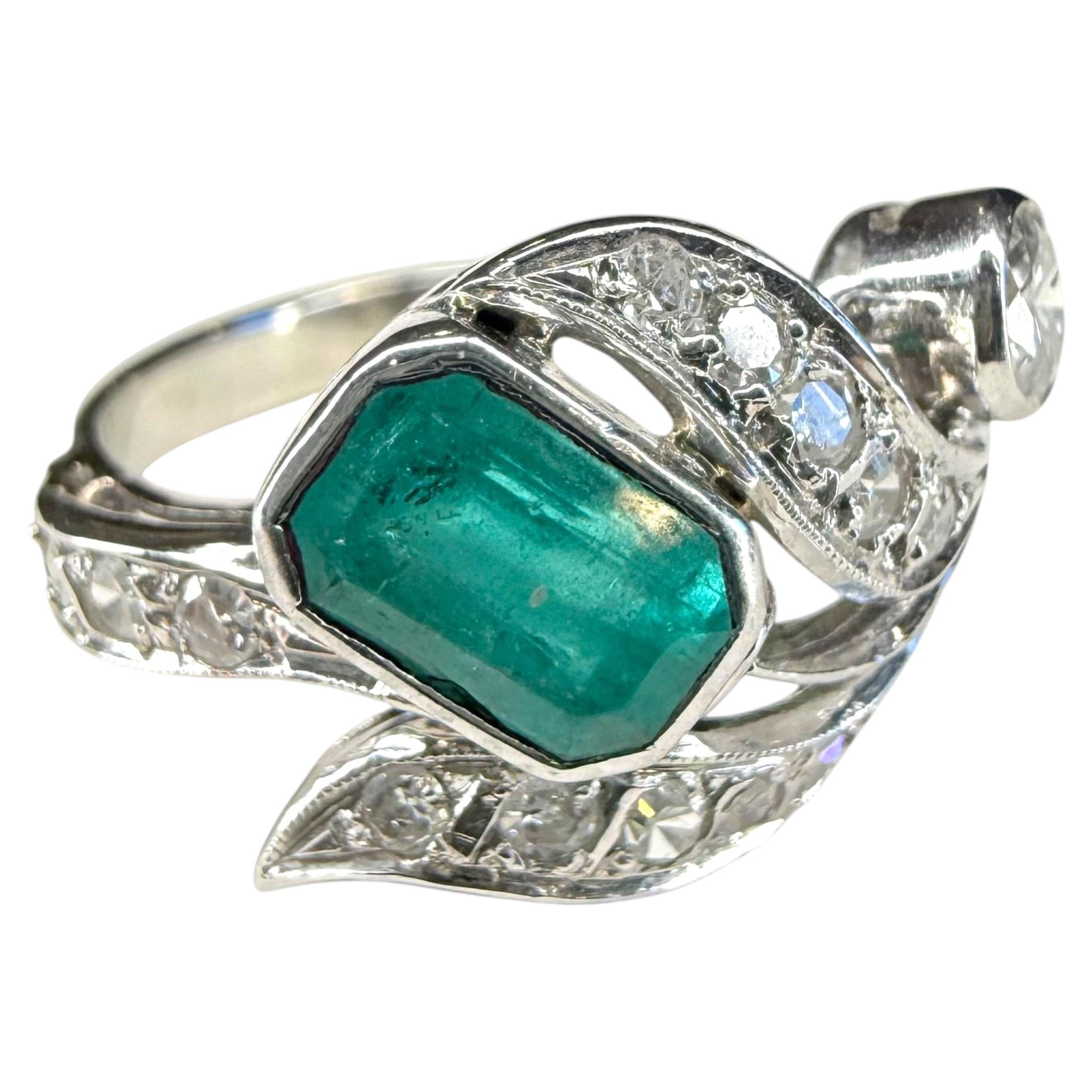 Mid Century Emerald Diamond Cocktail Ring in 14K White Gold