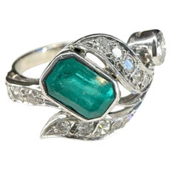 Mid Century Emerald Diamond Cocktail Ring in 14K White Gold