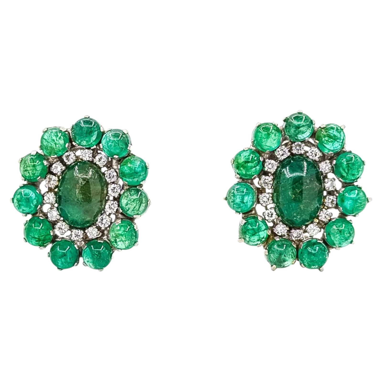 Orecchini con smeraldo e diamanti in oro bianco 14k del Mid-Century