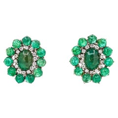 Mid-Century Emerald & Diamond Earrings in 14k White Gold