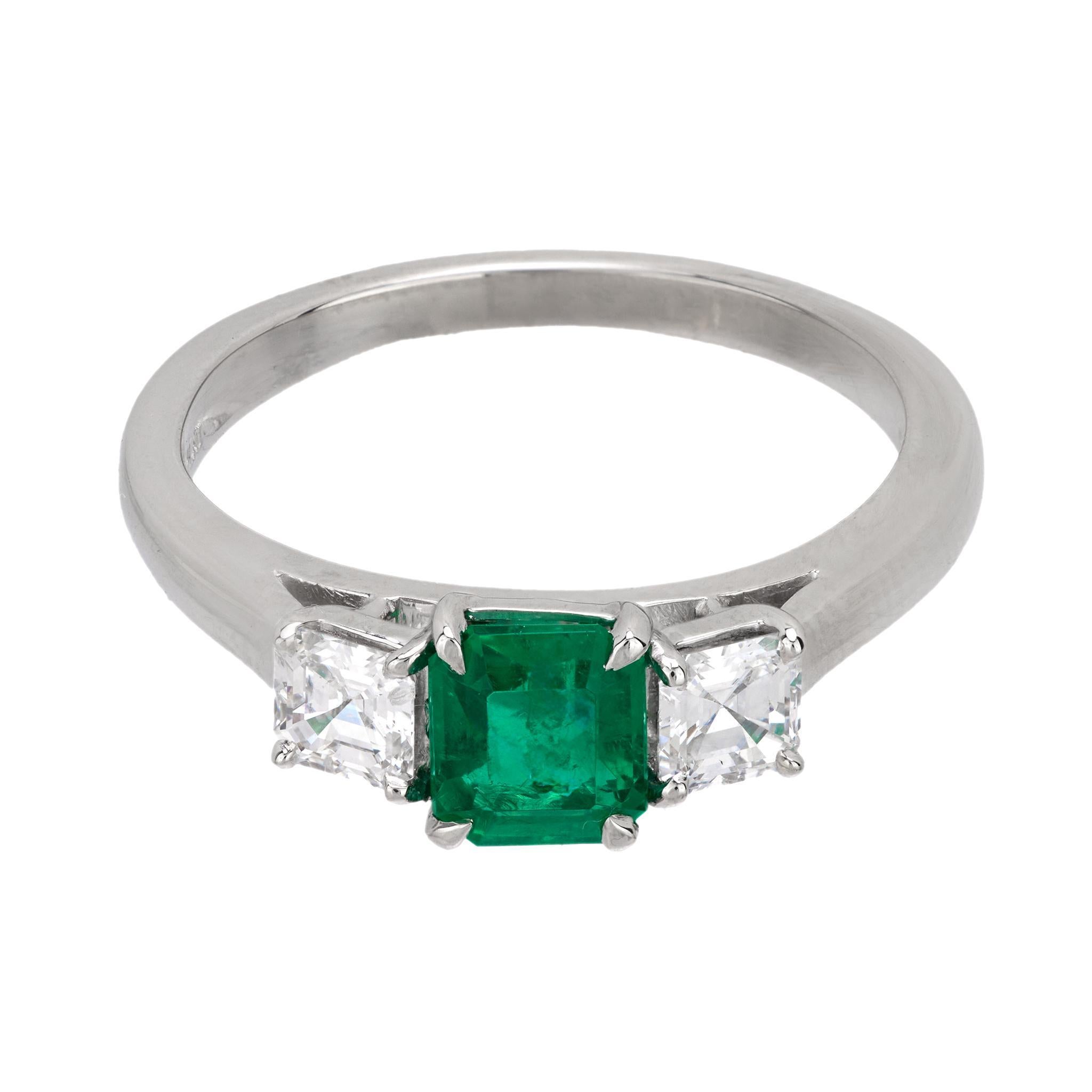Modern Mid Century emerald diamond platinum 3 stone ring