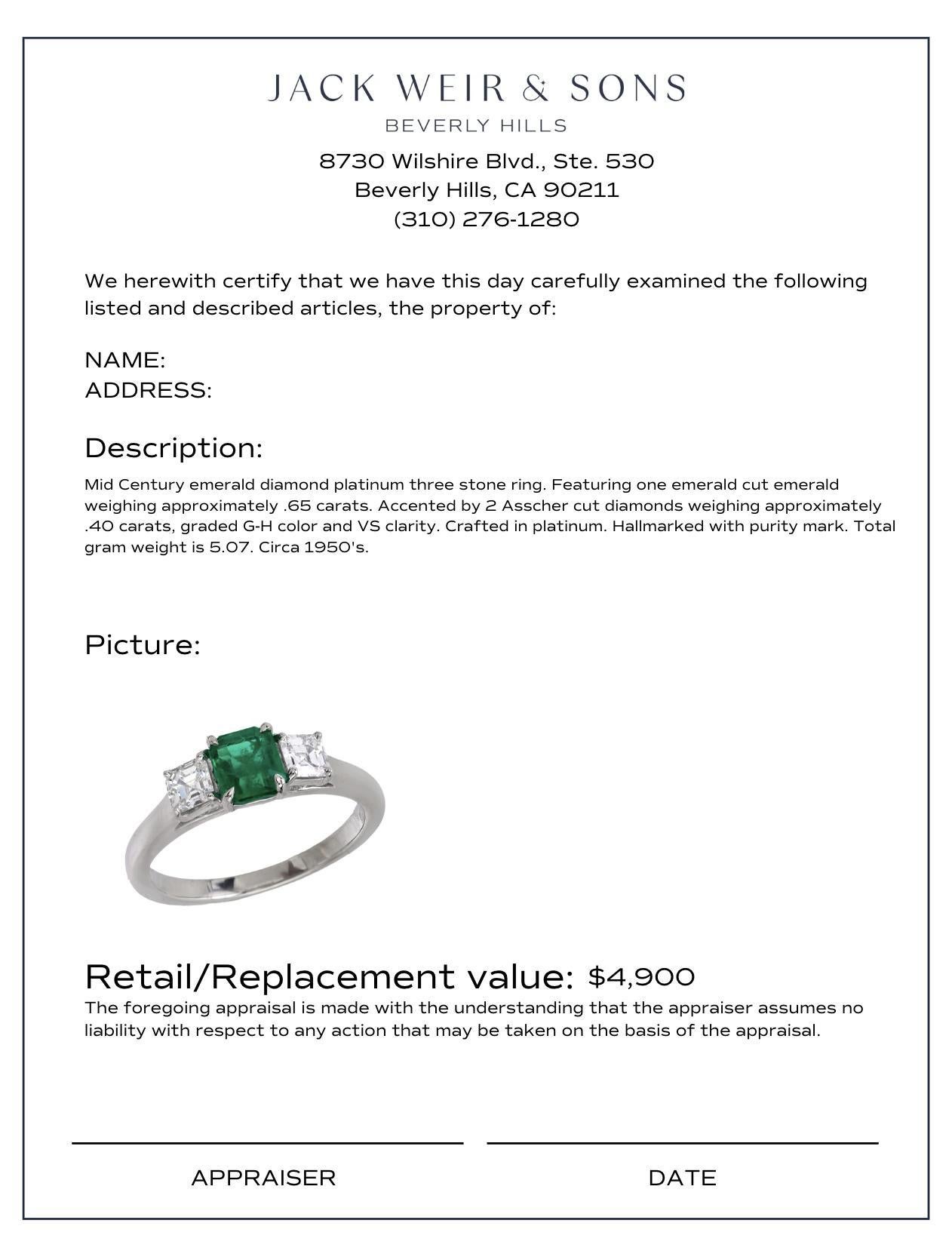 Mid Century emerald diamond platinum 3 stone ring In Good Condition In Beverly Hills, CA