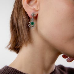 Mid Century emerald diamond platinum drop earrings