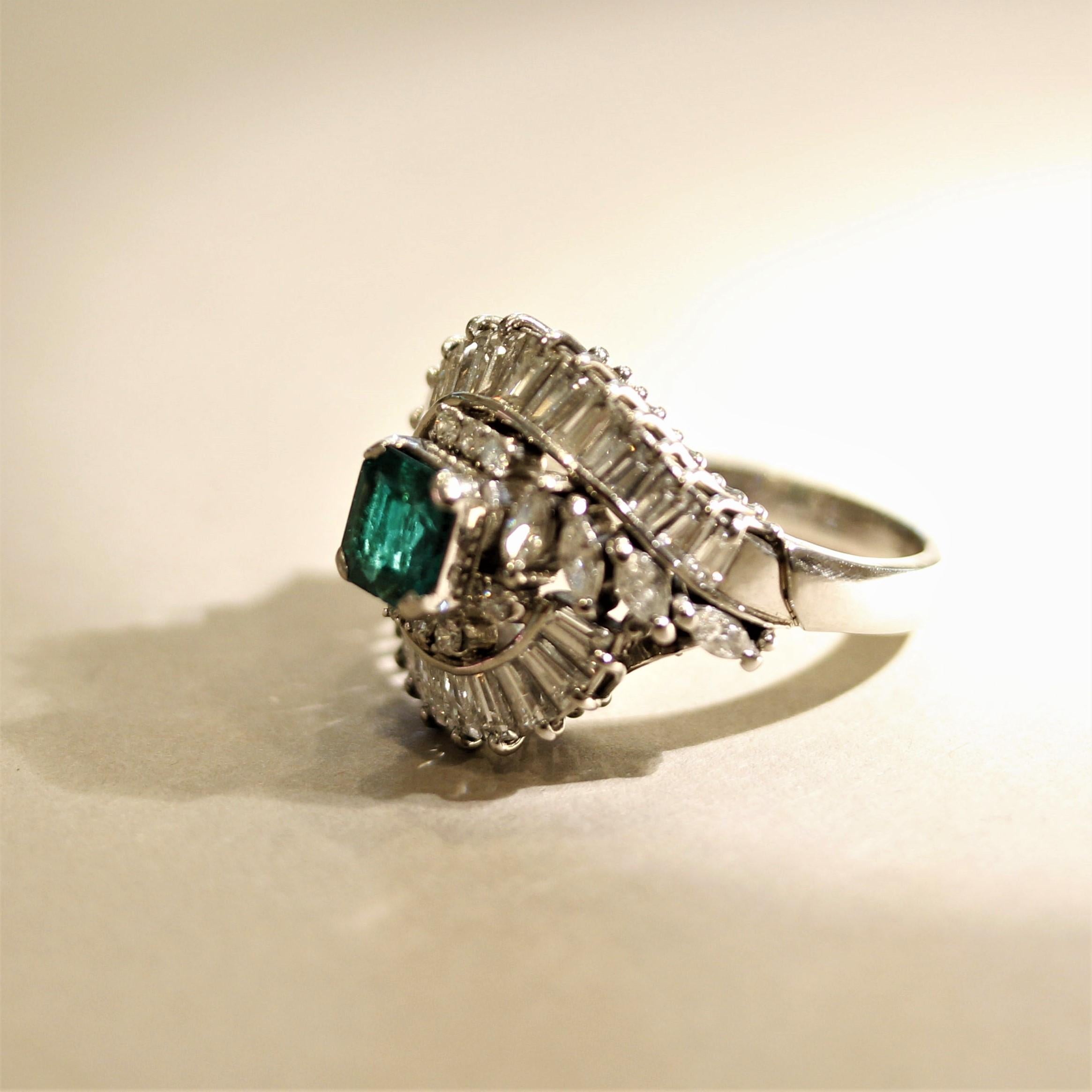 Mixed Cut Mid-Century Emerald Diamond Platinum Spray Ring For Sale