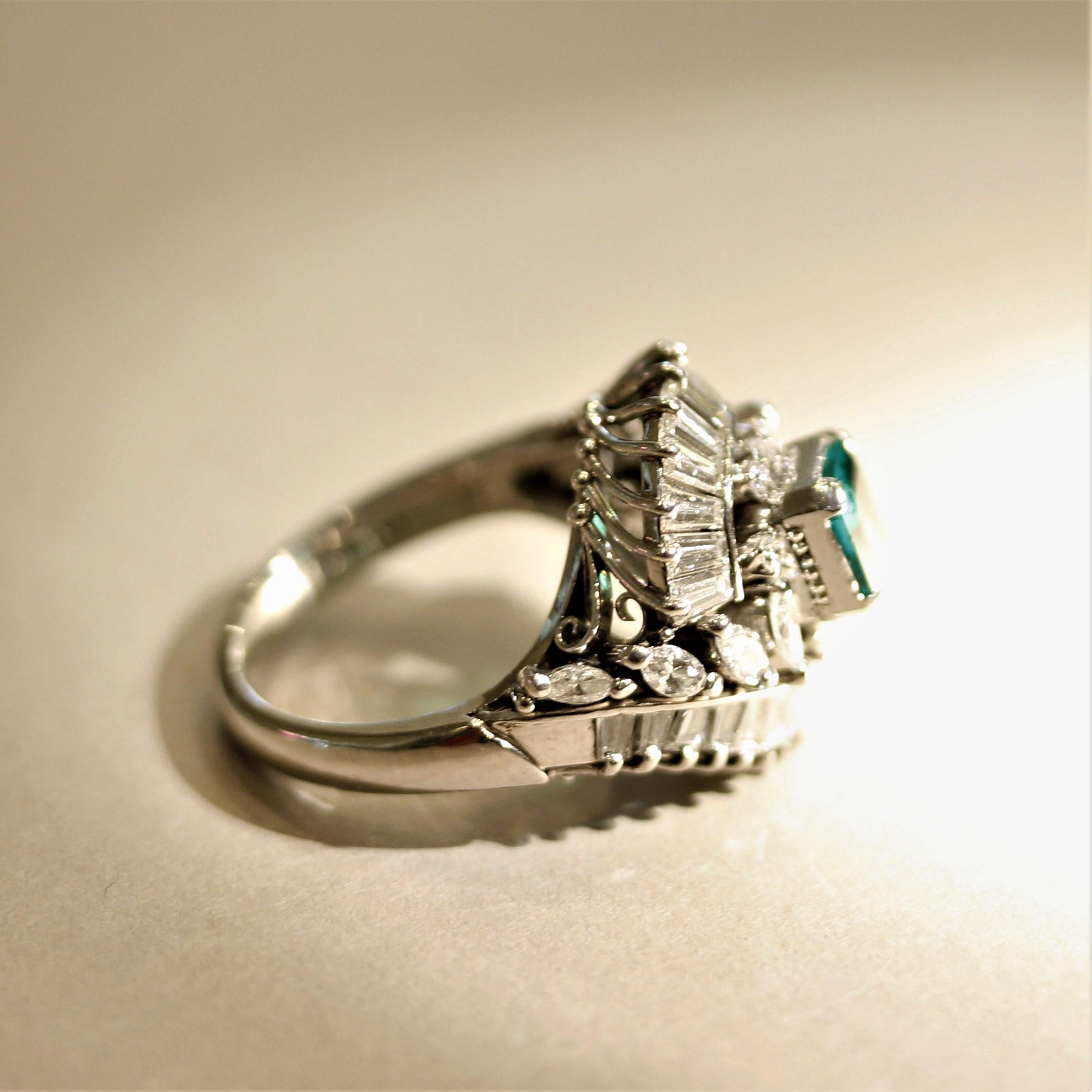 Women's Mid-Century Emerald Diamond Platinum Spray Ring For Sale