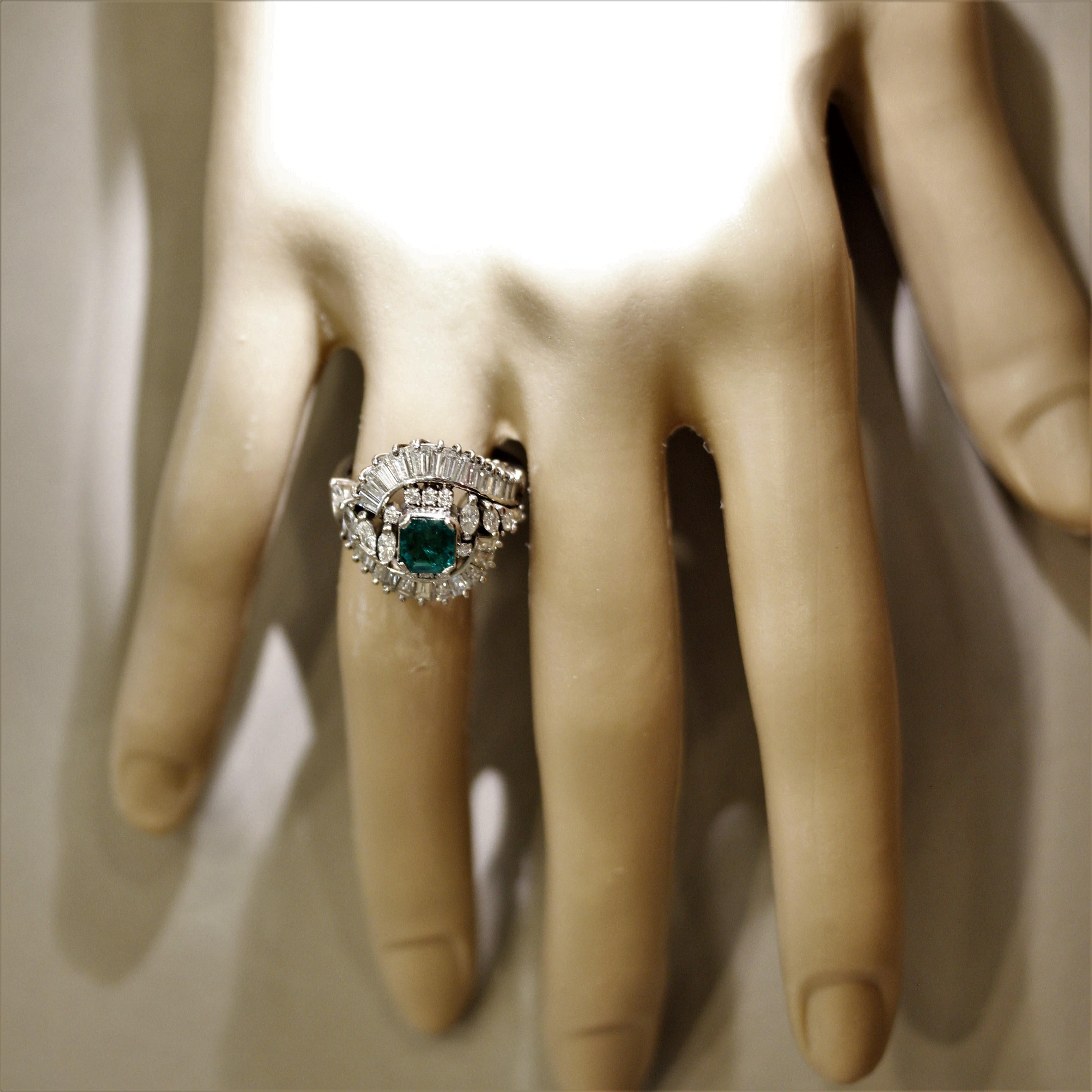 Mid-Century Emerald Diamond Platinum Spray Ring For Sale 1