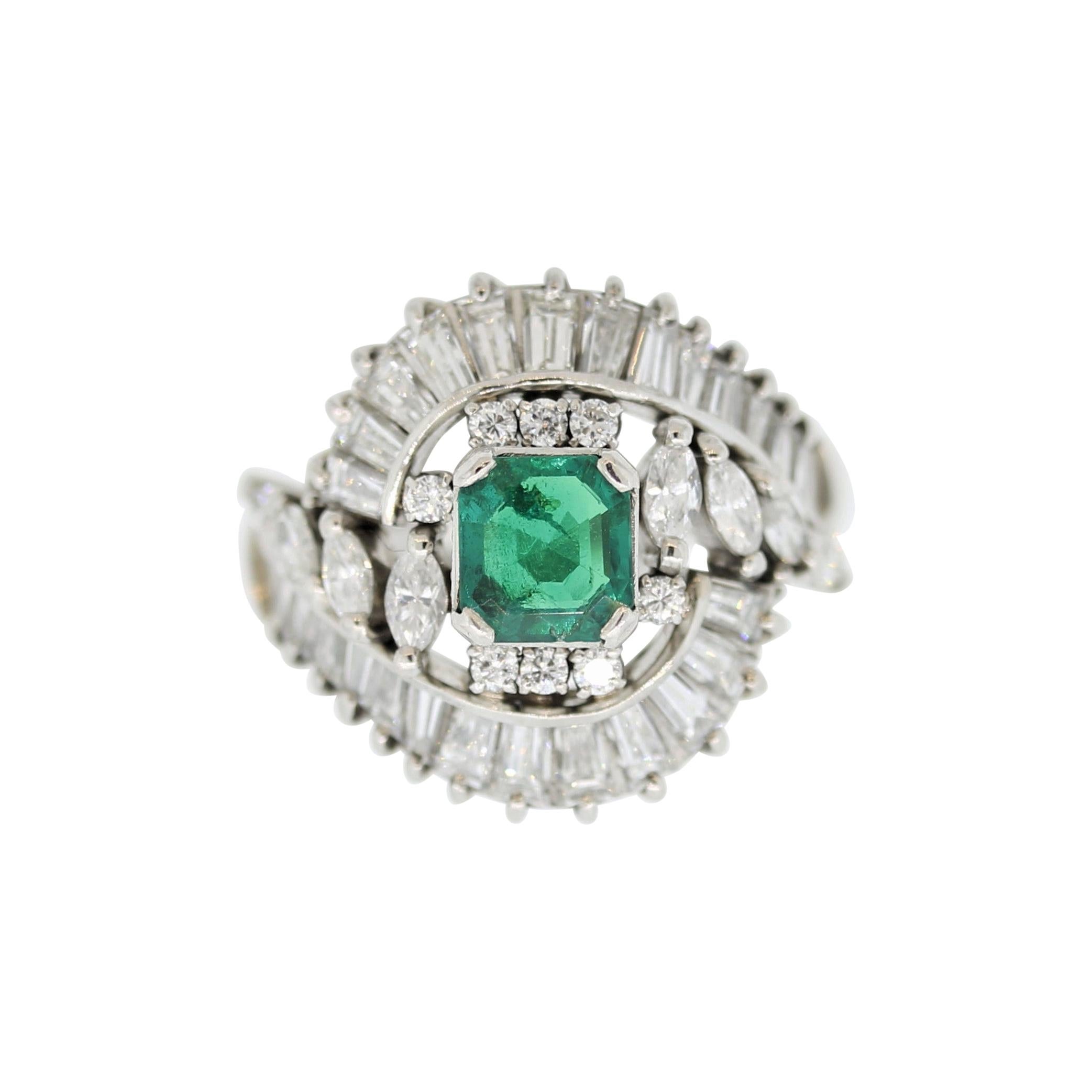 Mid-Century Emerald Diamond Platinum Spray Ring For Sale