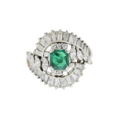 Vintage Mid-Century Emerald Diamond Platinum Spray Ring