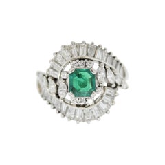 Mid-Century Emerald Diamond Platinum Spray Ring