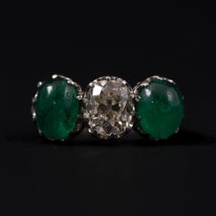 Mid-Century Emerald Diamond Three Stone Ring Platinum Portuguese 1950s-1960s
